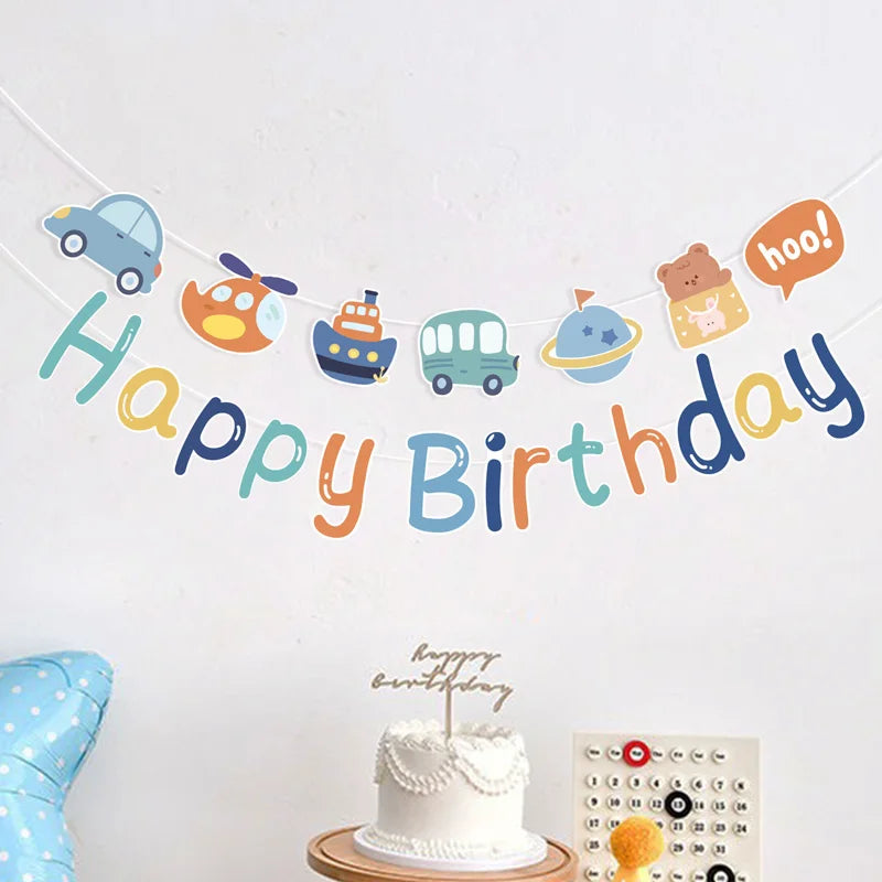 Happy Birthday Banner Little Bear Car Sign Reusable Decorations with Colorful Flag, Lovely Cartoon Birthday Party Decor for Kid