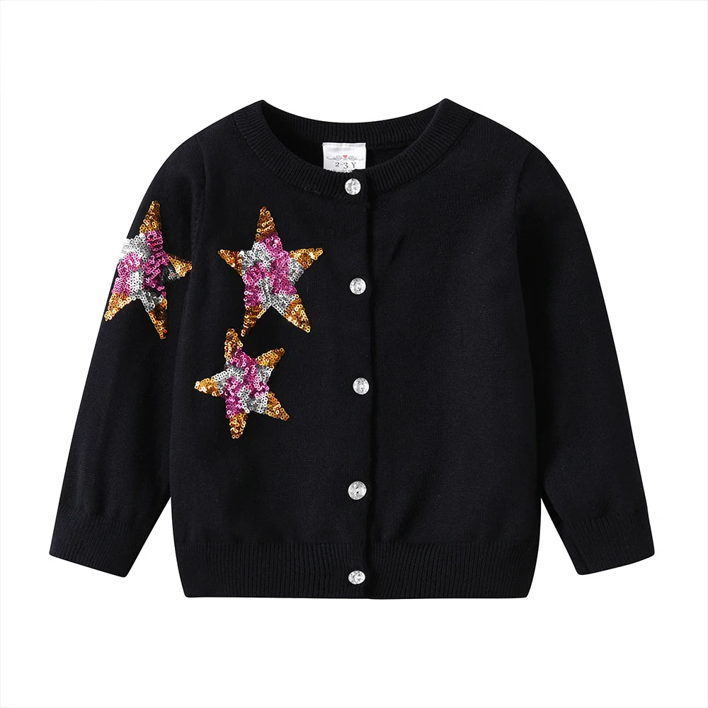 Toddlers Black Cardigans Girls Round Neck Button Spring Autumn Outfits Sweaters with Sparkly Sequined Star Appliqued Cardigans