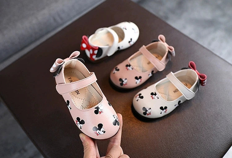 Disney Casual Shoes Kids Mickey Mouse Shoes For Girls Outdoor White Pink PU Leather Children Flats Soft Toddler Size 21-30