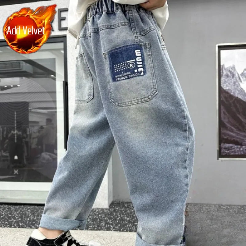 Kids Boys Thickened Winter Jeans Loose Fleece-Lined Long Pants Casual Stylish Warmth
