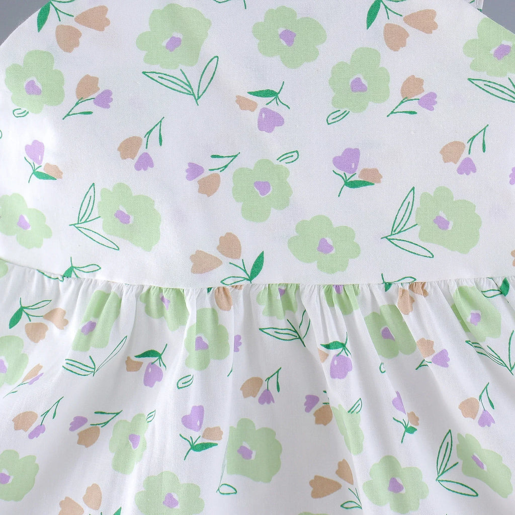 Girls' New Summer Dress Children's Small Flower Print Back Elastic Waist Solid Bow Princess Dress and Hat Two Piece Set