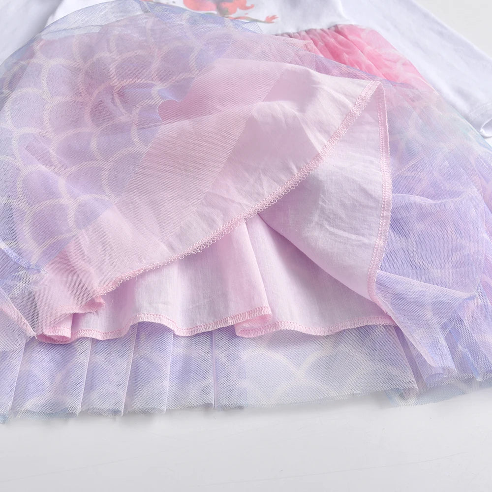 VIKITA Girls Mermaid Cartoon Print Dress Kids Autumn Spring Flare Sleeve Dresses Girls Patchwork Casual Princess Dresses 3-8 Yrs