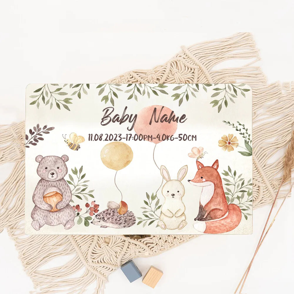 Personalized Baby Memory Box Custom Forest Animal Wooden Box Newborn Shower Gift Infant Birth Stats Present Baby Storage Box