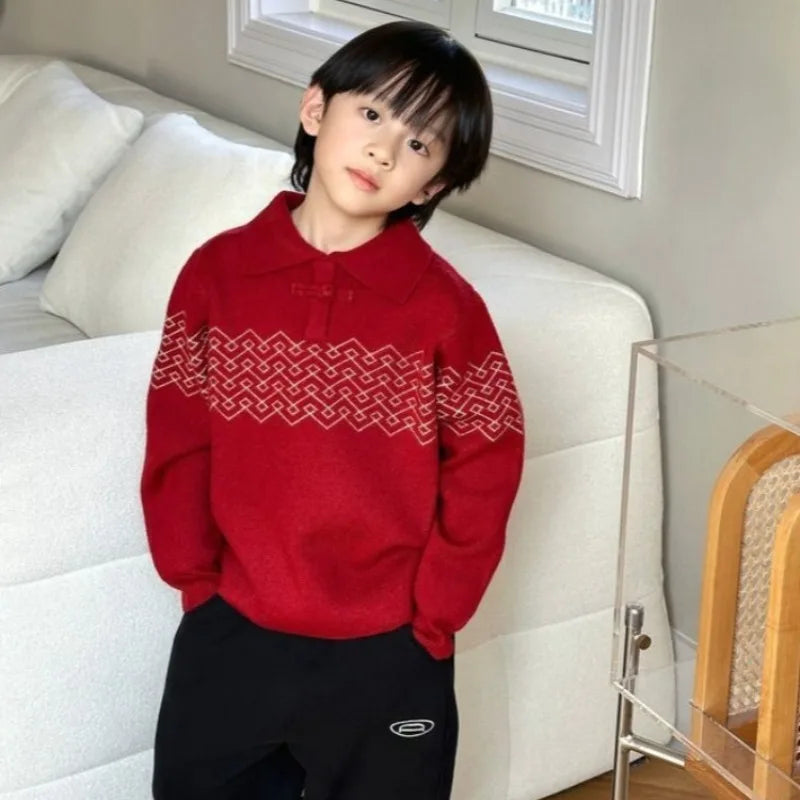 Boys' Red POLO Knit Sweater 2025 Autumn/Winter New Big Kids New Year Outfit Traditional Chinese Style Warmth Crossover Sweater