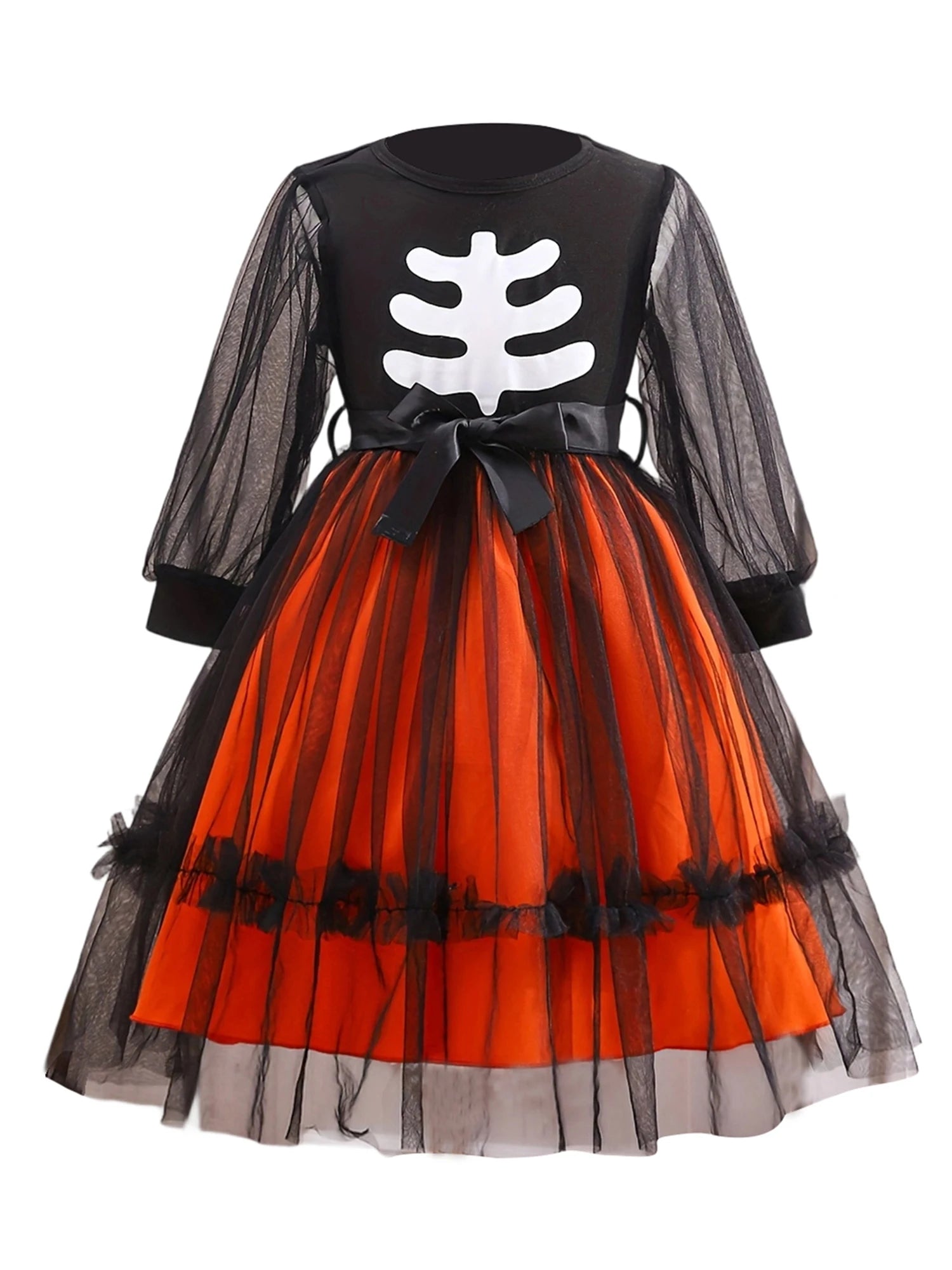 Girls Halloween Costume Dress Skeleton Print Long Sleeve Crew Neck Tulle Patchwork Fall Dress for Kids Party Wear