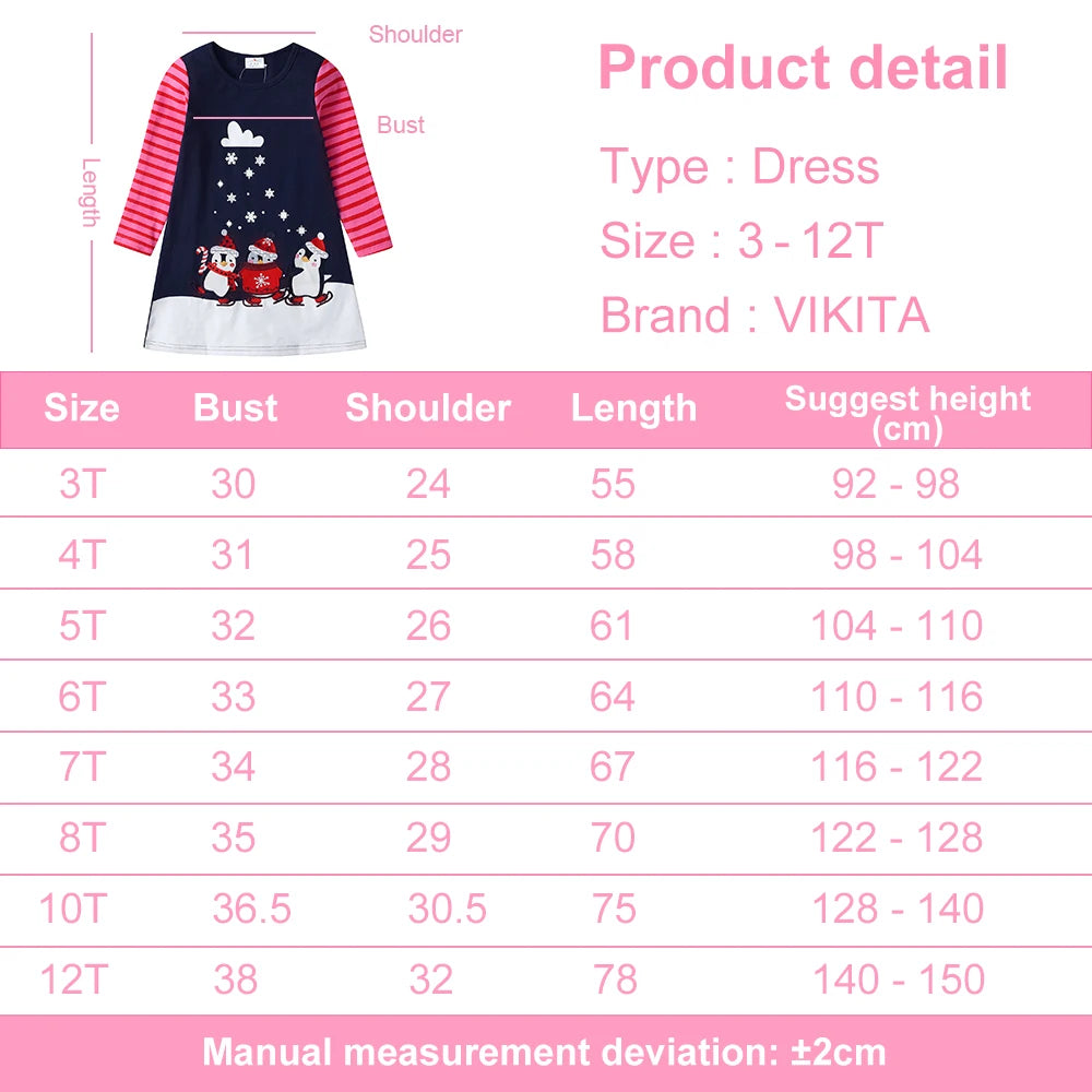 VIKITA Girls Cotton Casual Straight Dress Kids Penguin Snowflakes Cartoon Appliqued Striped Dresses Girls Autumn Spring Dress