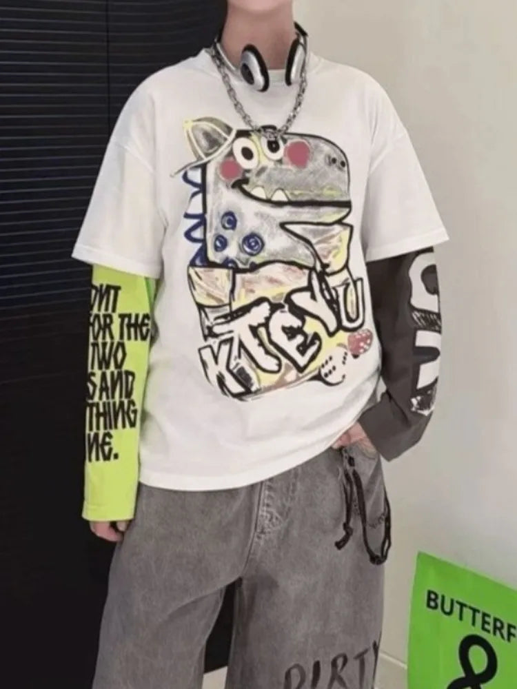 Fake Two Pieces Long Sleeve Cotton T-shirt Clothes for Boys Children's Tee Cartoon Fashion Clothing Korean Kids Boy 7 8 14 Years