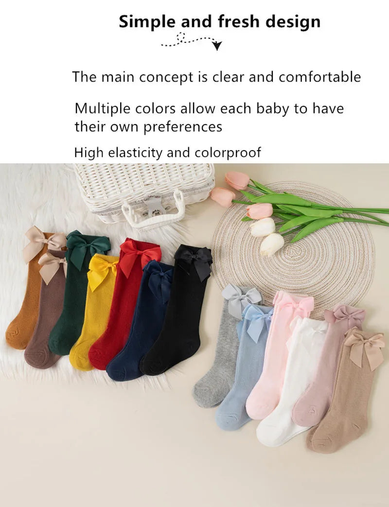 3Pairs/Lot Baby Toddlers Socks Autumn Spring Children Kids Girls Knee High Long Sock Cotton Big Bow Spanish Style Princess Socks