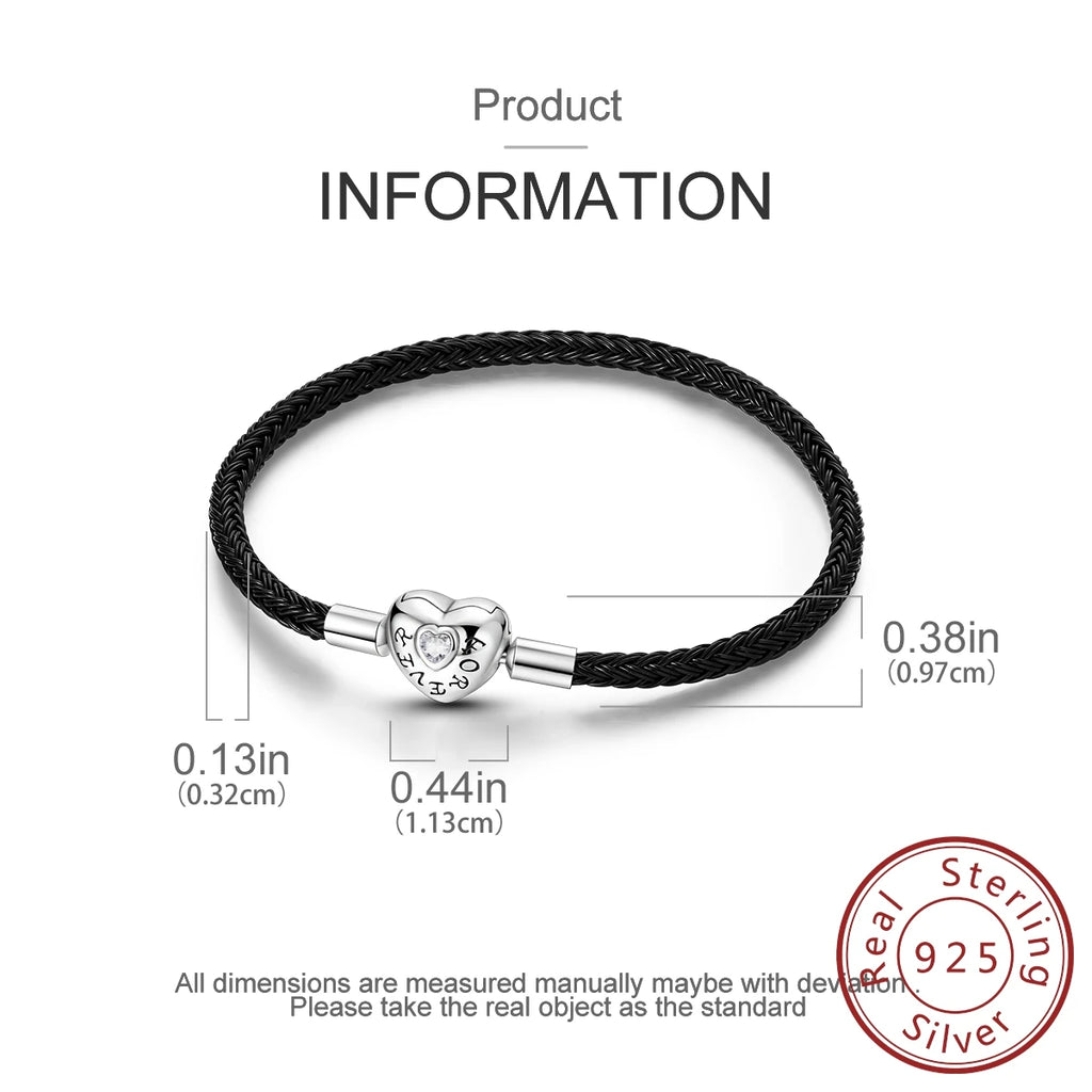925 Sterling Silver Charm Bracelets For Woman Heart Shell Leather Rope Plait Bracelet Fit Beads Making  Fshion Jewelry Gift