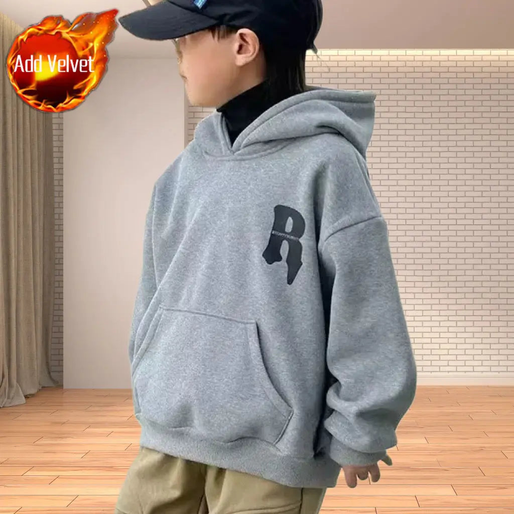 2025 New Boys' Mid-Large Maillard Fleece-Lined Hooded Hoodie - Stylish Autumn Winter Spring Kids' Top