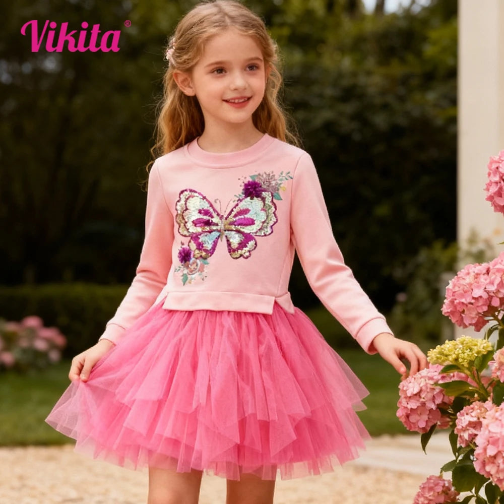 VIKITA Kids Hoodies Dress Girls Patchwork Pink Dresses Girls Sequined Butterfly Appliqued Mesh Tulle Princess Thick Tutu Dress