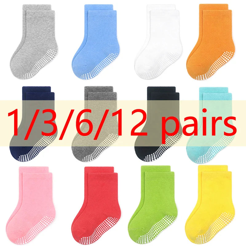 1/3/6/9/12 Pairs Kids Cotton Socks Sets for Baby Boys Girls 2025 White Non-slip Comfy Breathable Baby Trampoline Floor Socks