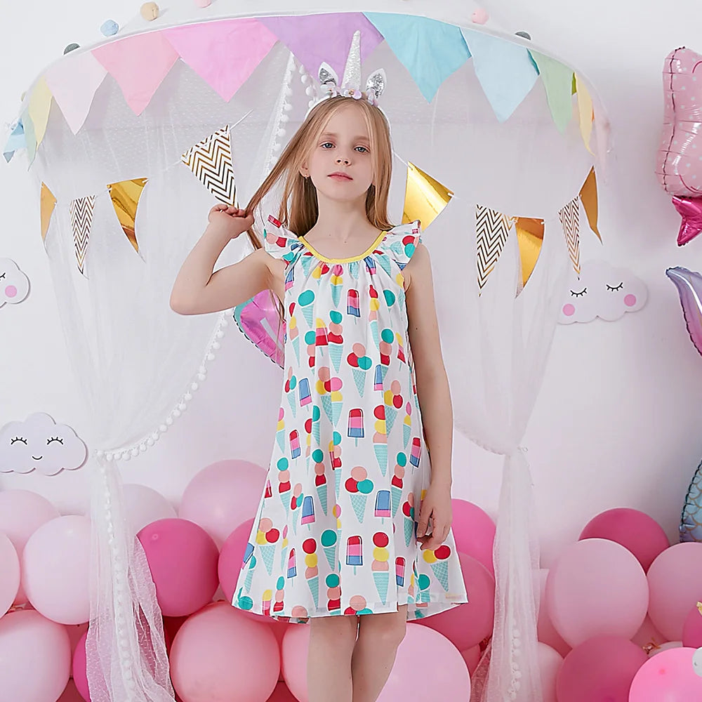 VIKITA Girls Camisole Sling Suspenders Sleeveless Summer Dress Kids Ice Cream Print Flare Sleeve Dresses Children Clothing