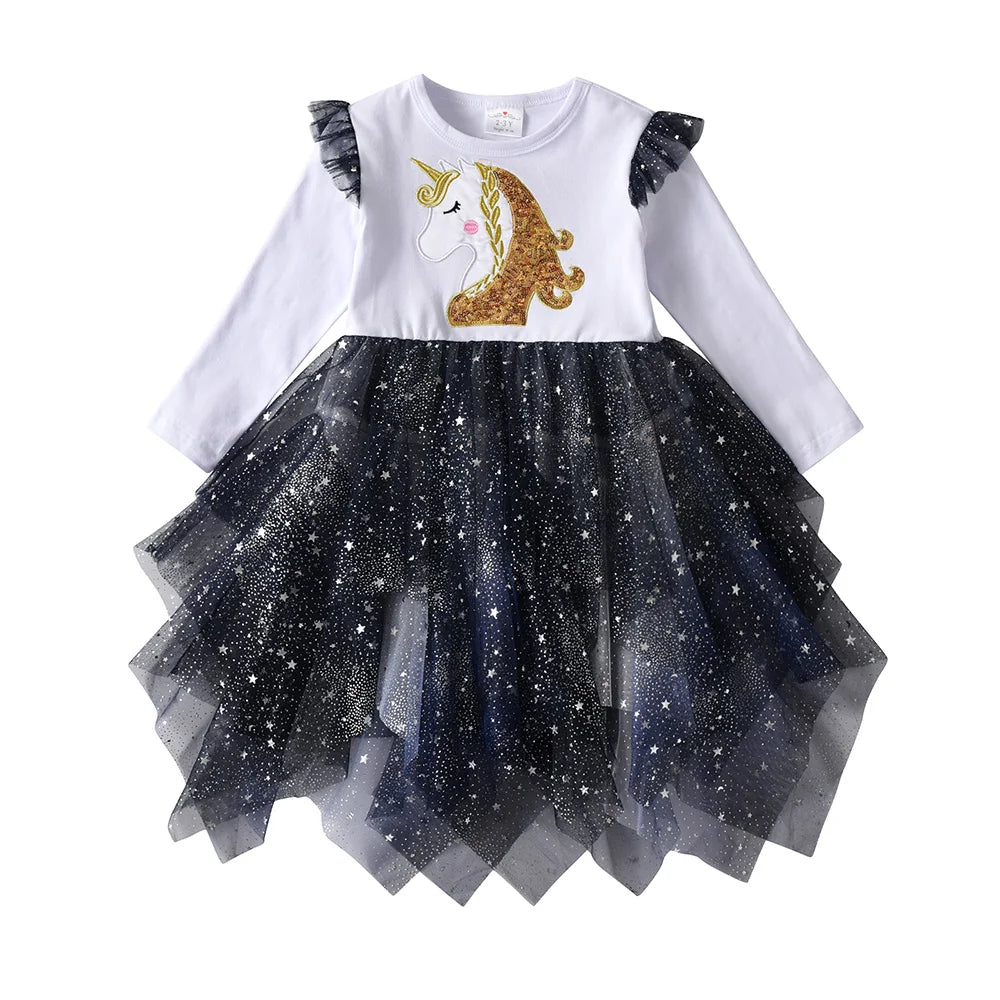 VIKITA Kids Licorne Sequins Appliqued Dress Girls Flare Sleeve Autumn Spring Patchwork Shiny Irregular Tutu Princess Dresses