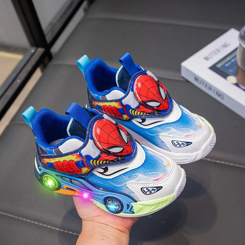 Disney Children's Shoes Fashion Cartoon LED Lights Spiderman Sneakers for Boys Breathable Sport  Anti-slip Student Shoes Size 26