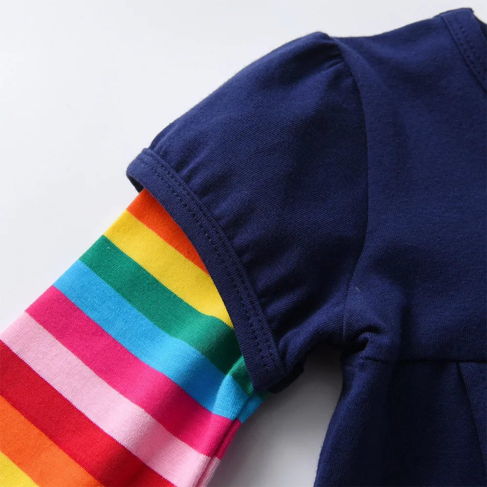 VIKITA Girls Flower Print Dress Kids Autumn Spring Long Dress with Pockets Girls Rainbow Striped Cotton Casaul Straight Dresses