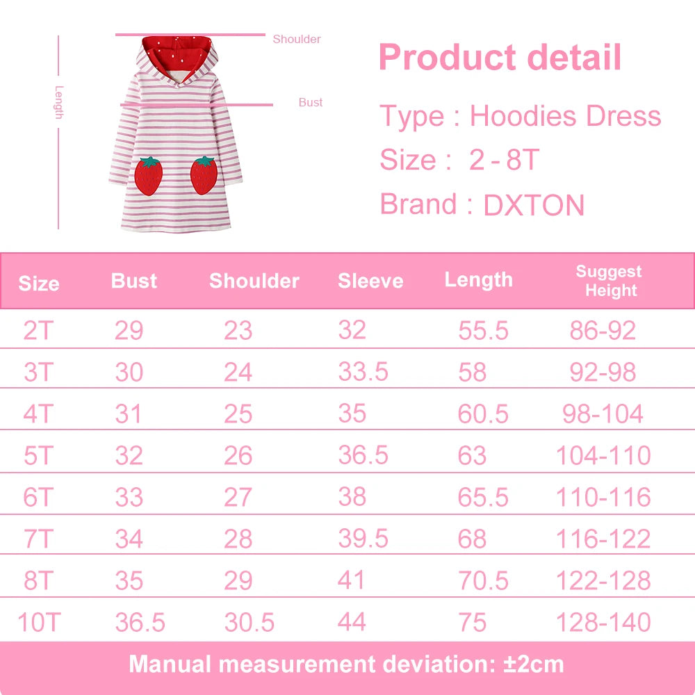 DXTON Girls Hooded Dress Winter Toddlers Hoodies Dress Strawberry Applique Kids Costumes Striped Children Casual Dress Clothing