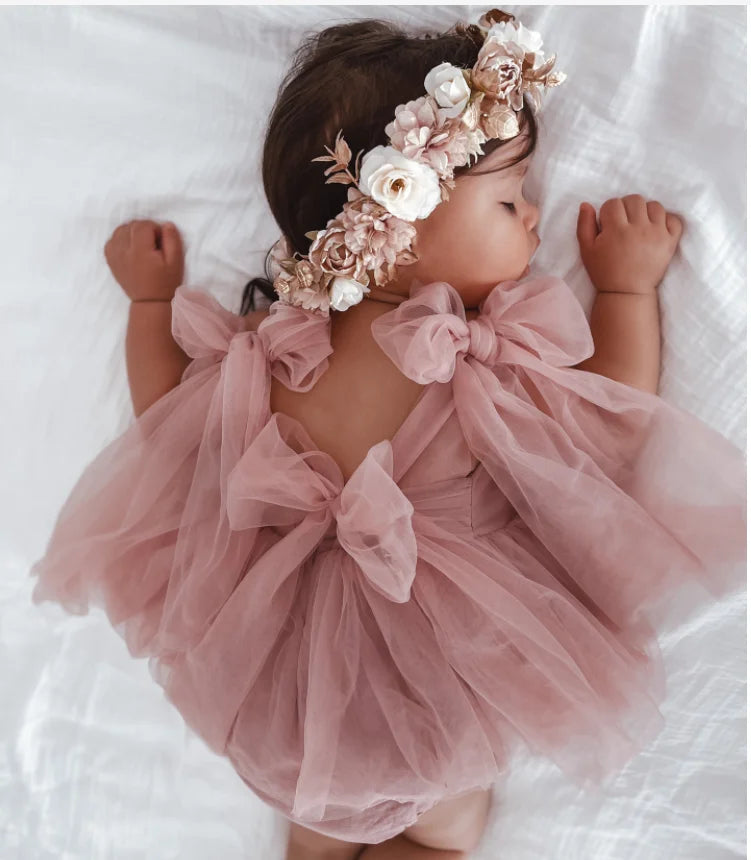 2025 Summer Baby Clothes 100 Day Baptism Birthday Party Sleeveless jumpsuit Mesh Bow Romper Girl Princess Dress