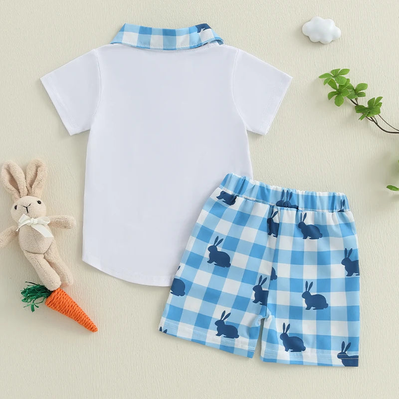 Boys Stylish Plaid Outfit Set with Short Sleeve Lapel Neck Half Button-up Top and Elastic Waistband Shorts for Summer
