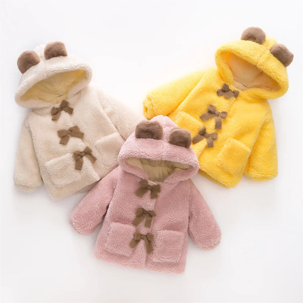(0-3 Years Old Girls) Winter New Girls' Top Warm Furry Hat Bow Ribbon Warm Cute Hooded Bear Ears Long Sleeve Pocket