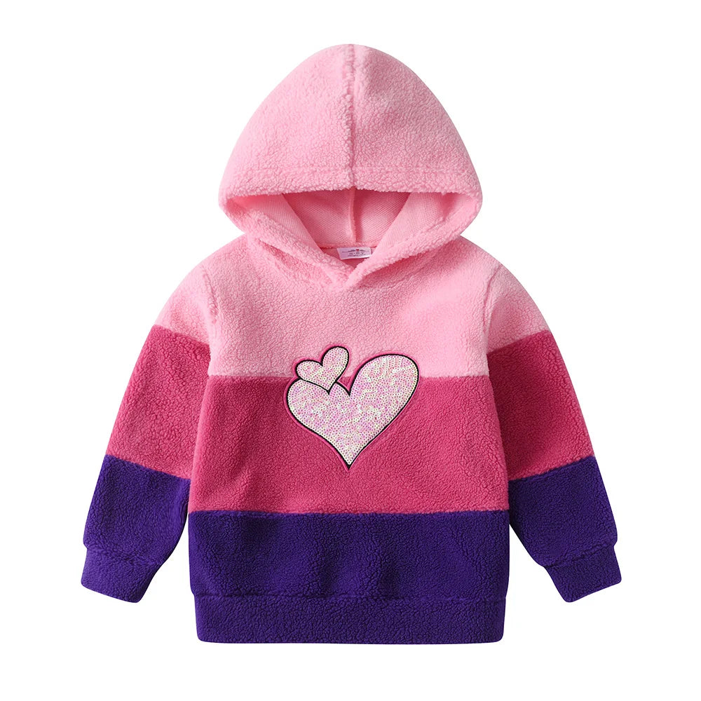VIKITA Kids Fleece Hoodies Girls Autumn Winter Heart Sequined Hooded Sweatshirt Girls Striped Hoodies Outwear Coat Kids Clothes