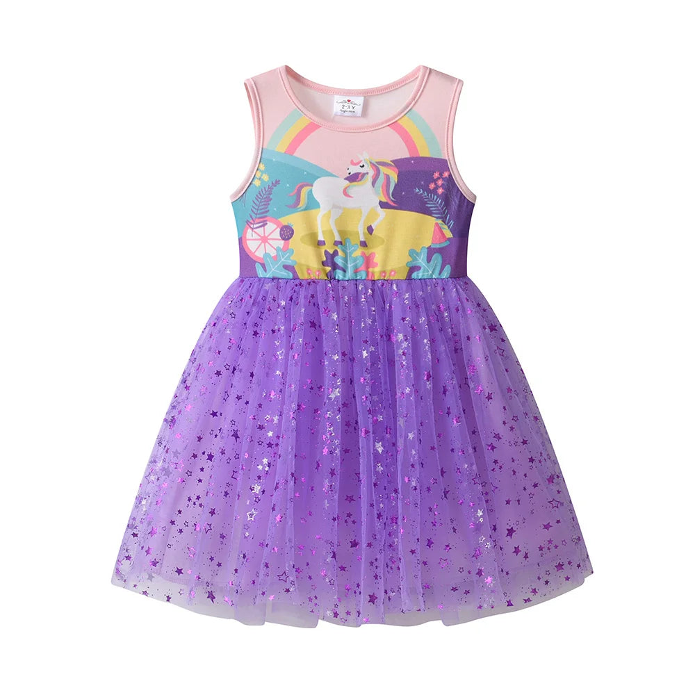 VIKITA Kids Unicorn Cartoon Print Dress Girls Sleeveless Summer Vestidos Kids Patchwork Purple Princess Mesh Tulle Party Dress