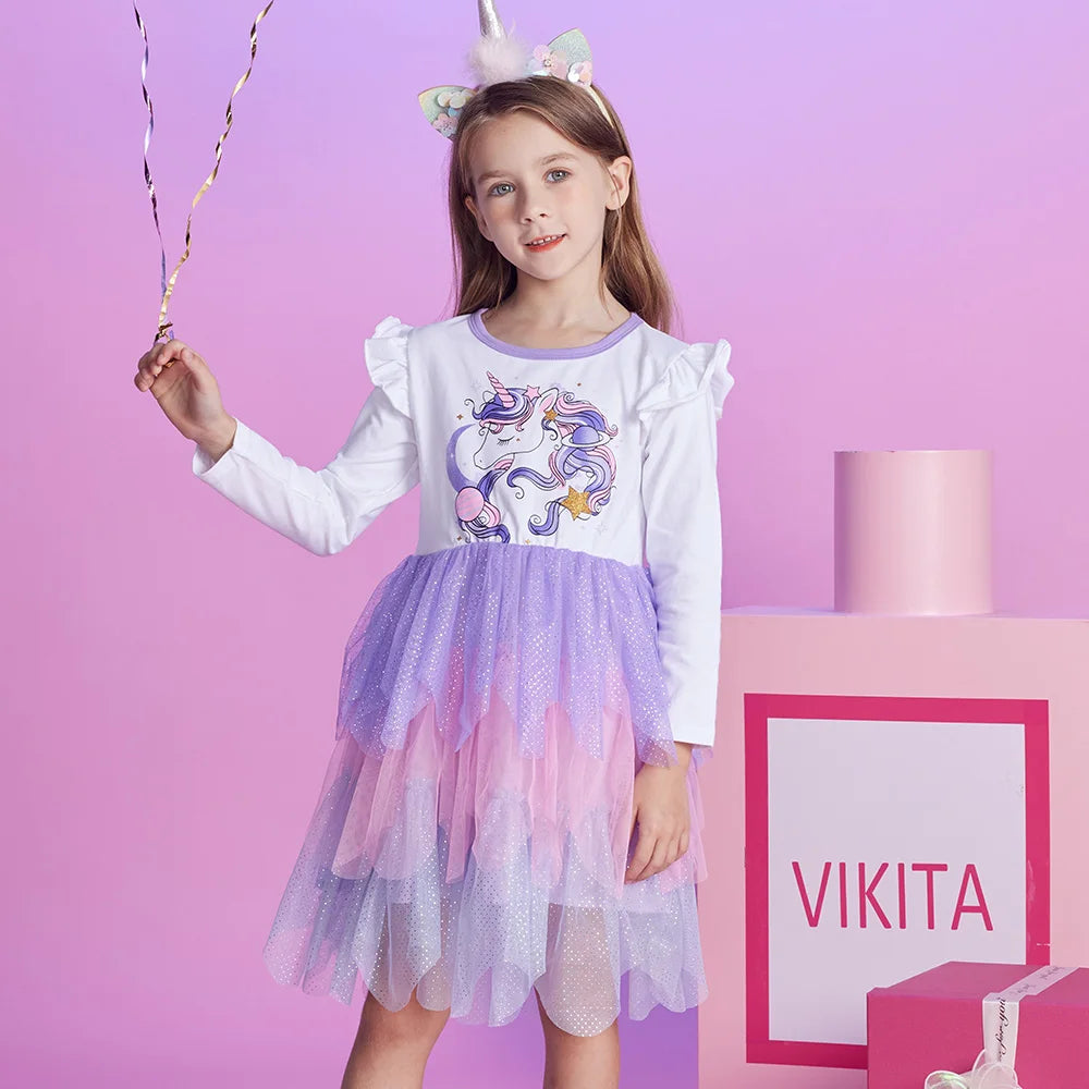 VIKITA Winter Children Dresses Unicorn Kids Princess Tutu Dress Irregular Prom Costume Long Sleeve Birthday Party Girls Clothes