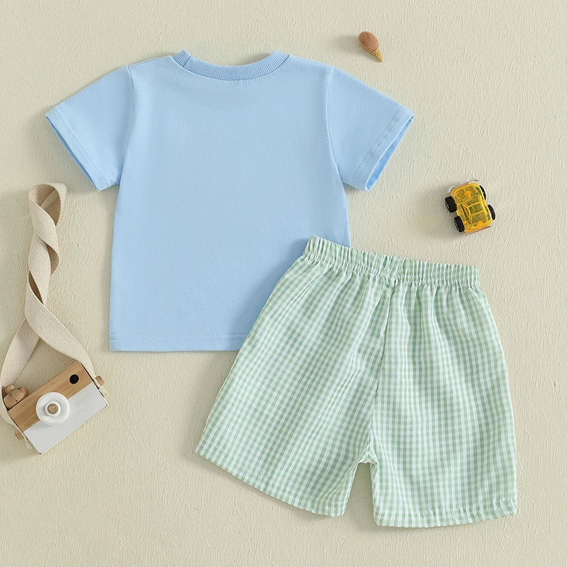 Baby Boy Casual Outfit Dinosaur Print Short Sleeve T-Shirt Denim Shorts 2Pcs Set for Summer Beach Vacation