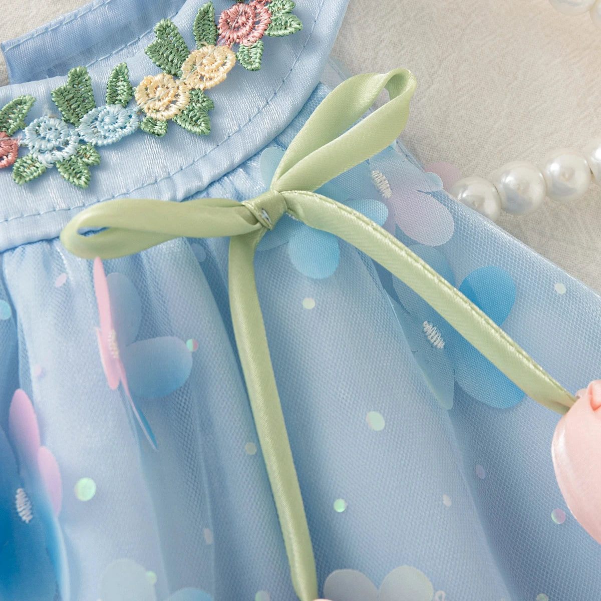 Summer New Floral Chiffon Baby Girl Princess Dress, Sweet Blue Children'S Clothing Suitable For Birthday Parties (0-4 Years Old)