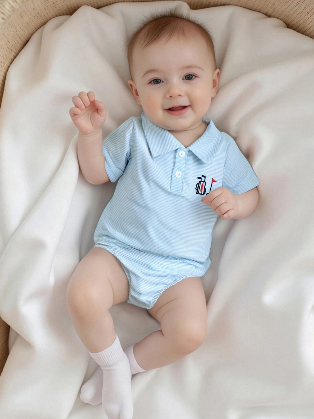 Infant Boy Jumpsuit Stylish Short Sleeve Striped Romper with Turn-down Collar and Embroidery Detail for Everyday Wear