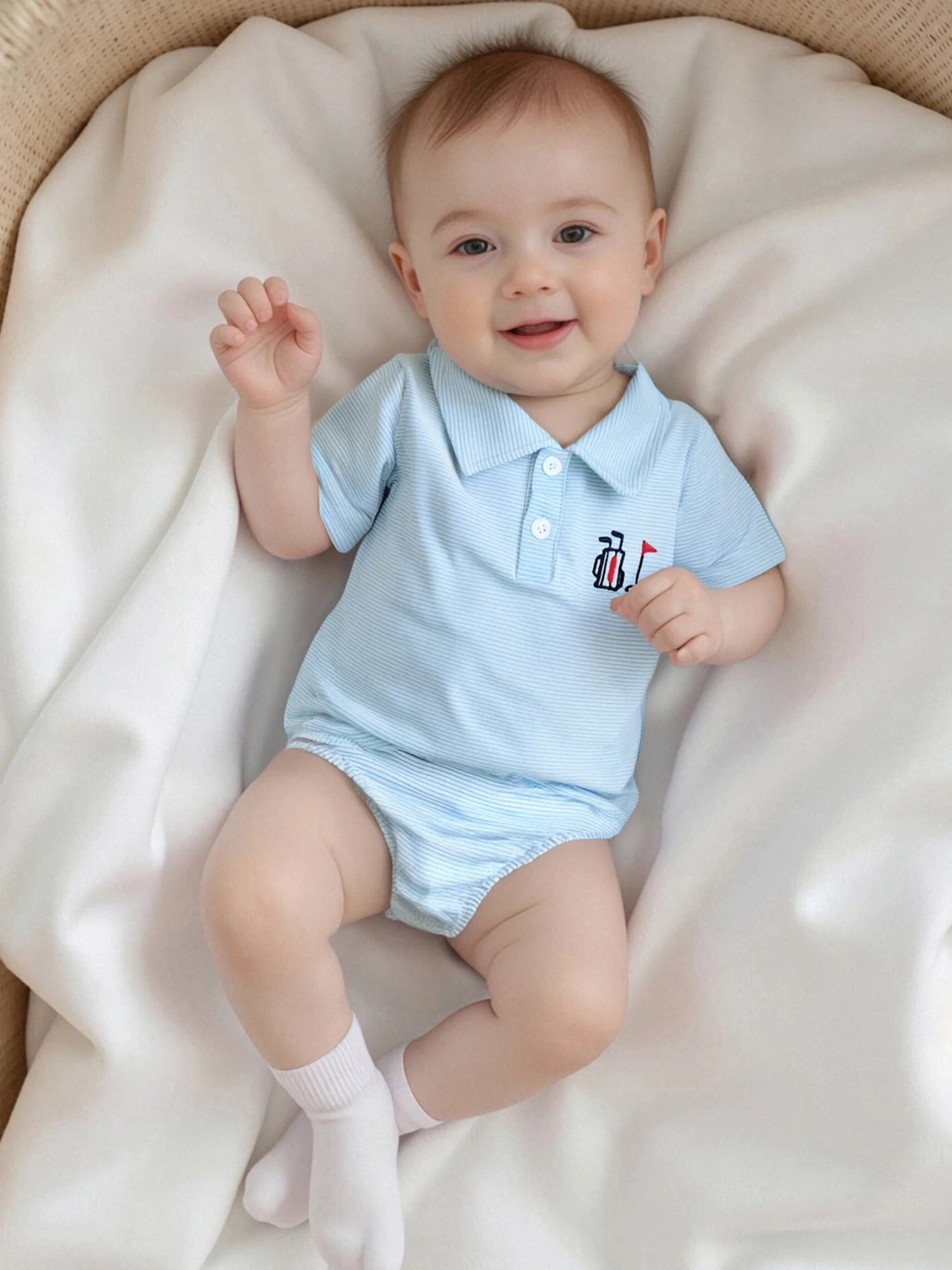 Infant Boy Jumpsuit Stylish Short Sleeve Striped Romper with Turn-down Collar and Embroidery Detail for Everyday Wear