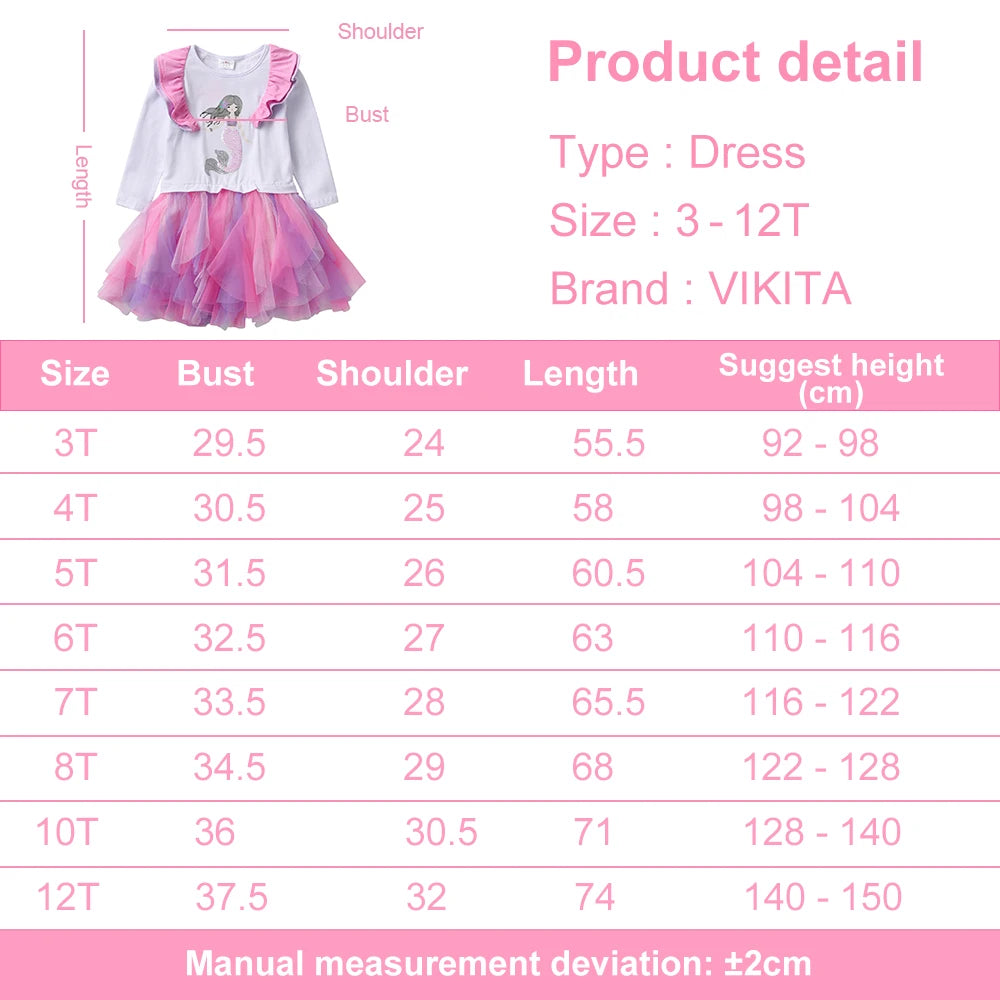VIKITA Girls Mermaid Sequined Appliqued Cartoon Dress Kids Irregular Mesh Tulle Layered Princess Patchwork Long Sleeve Dresses