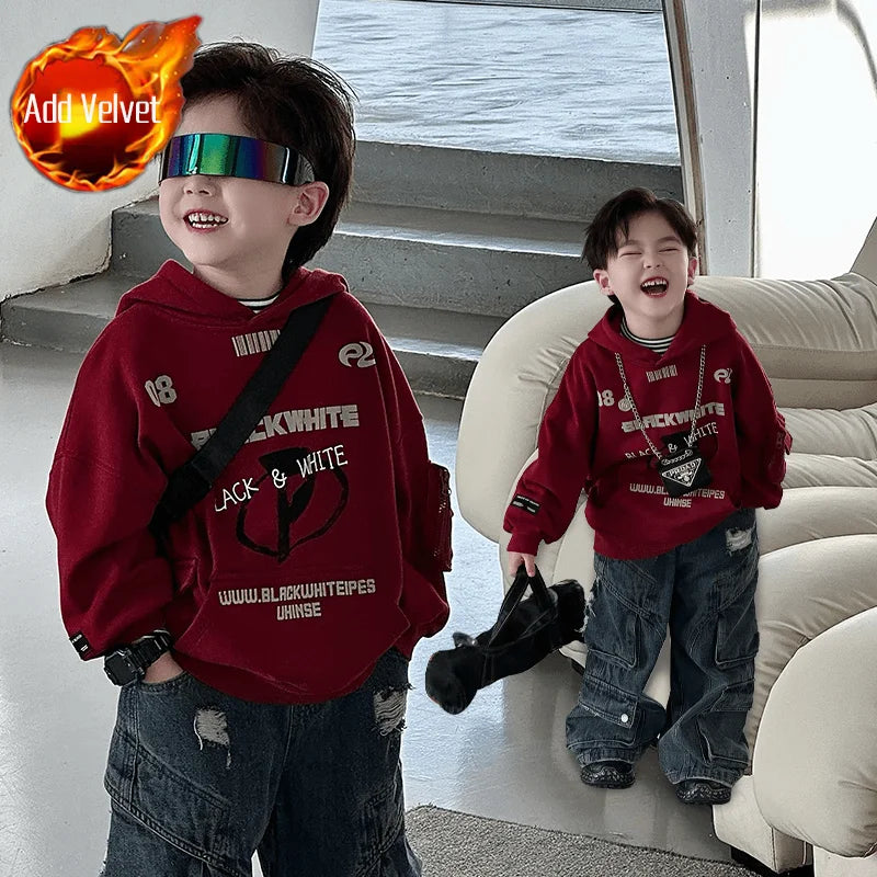 2025 New Boys' Korean-Style Printed Hooded Pullover Hoodie - Baby Autumn Winter Warm Long Sleeve Top