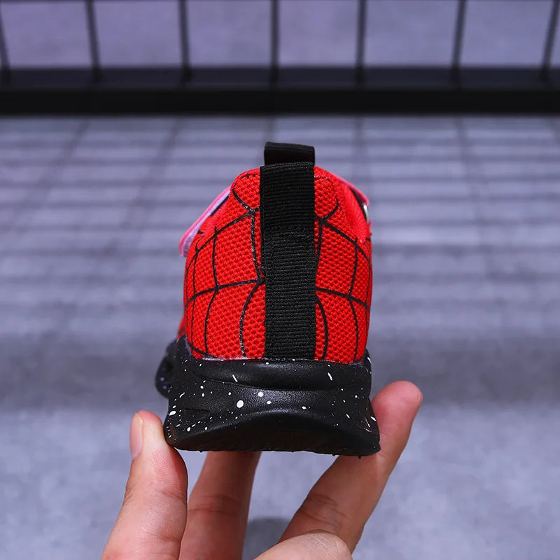 Disney LED Casual Sneakers Spider-Man Red Black For Spring Boys Mesh Outdoor Shoes Children Lighted Non-slip Shoes Size 21-30