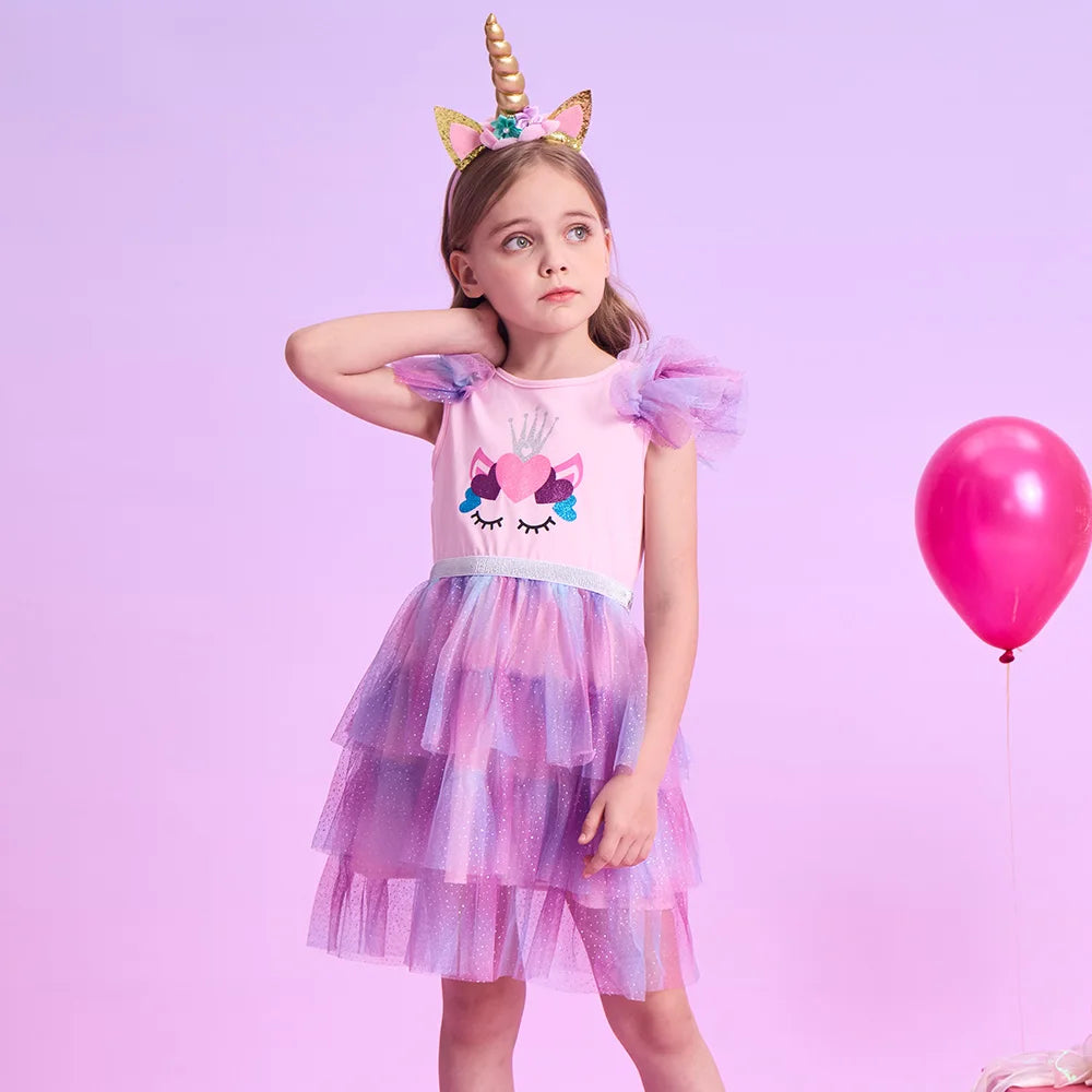 VIKITA Girls Unicorn Print Cartoon Dress Kids Summer Flare Sleeve Dresses Girls Layered Mesh Tulle Tutu Party Dress Kids Clothes
