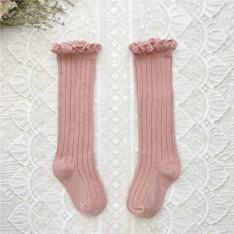 Ruffle Kids Knee High Socks Baby Girls Toddlers Long Soft Cotton Sock Lace Flower Children School Uniform Socks For 0-8Years