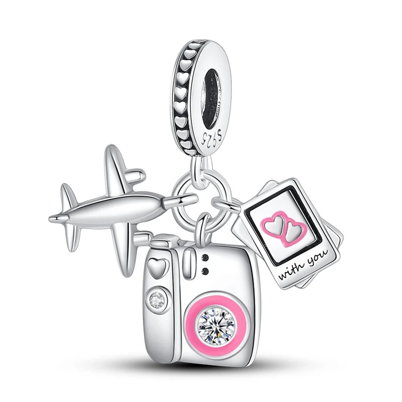 Pink Series Original 925 Sterling Silver Charm Bead Travel Airplane Pendant Fit Original Bracelet Necklace For Women DIY Gift