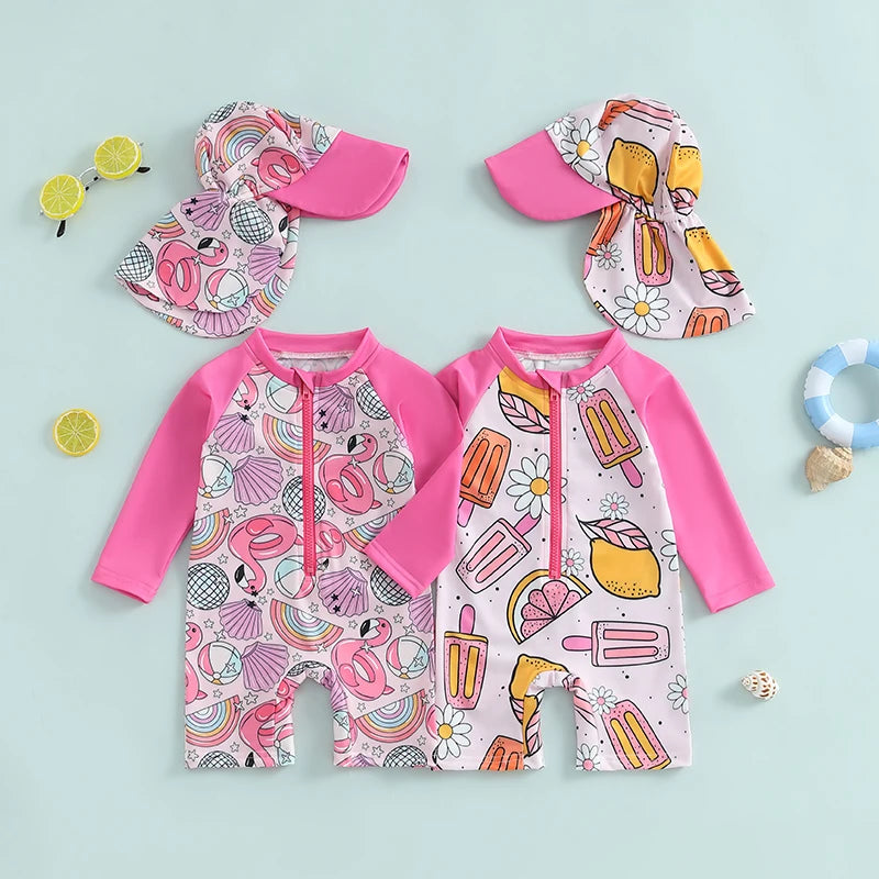 Baby Boys Rash Guard Swimsuit with Hat 2 Pcs Set Zip Up Long Sleeve Crew Neck Toddler Boys Swimwears and Sun Protection