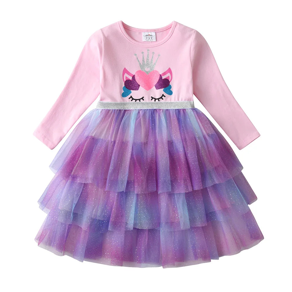 VIKITA Girls Unicorn Cartoon Print Dress Kids Long Sleeve Autumn Spring Pink Dress Girls O Neck Mesh Tulle Tutu Layered Vestidos