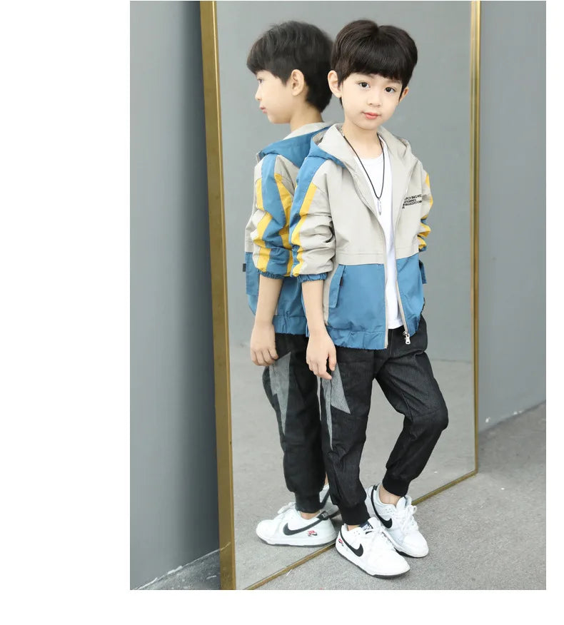 New Handsome Teenager Boys Hoodies Fashion Splicing Style Coat For Kids 3-12 Years Children Windbreaker Jacket