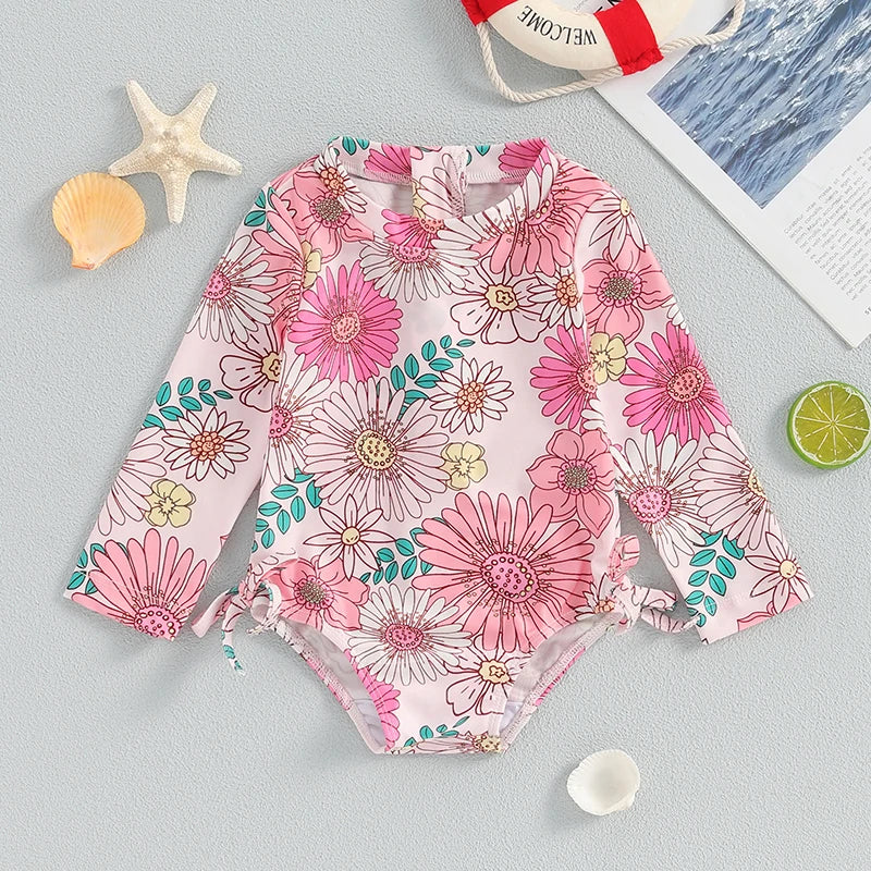 Infant Girls  Rash Guard Swimsuit with Long Sleeves and Cute Floral Print Baby Beachwear Tie-Up Bathing Suit