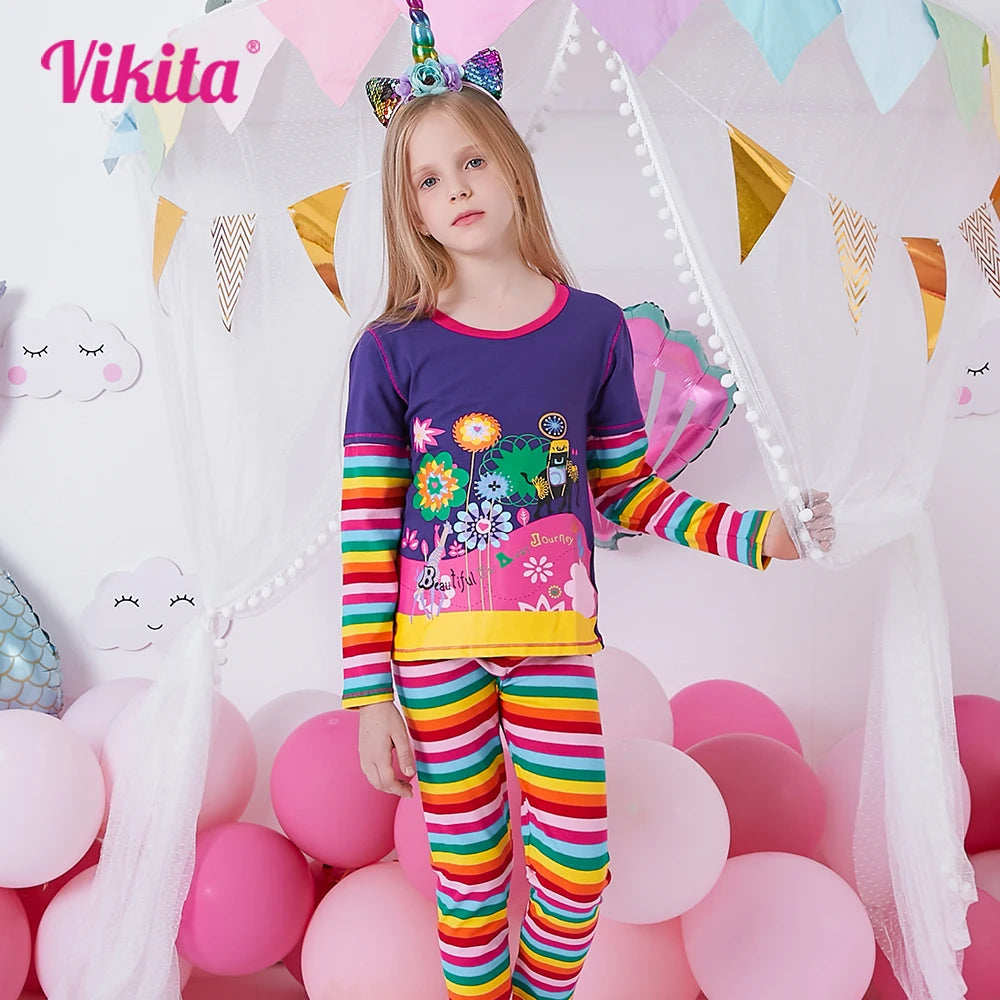 VIKITA Girls Clothing Sets Kids Floral Print Long Sleeve Cotton Rainbow Striped T Shirt and Leggings 2 Pcs Home Wear Clothes Set