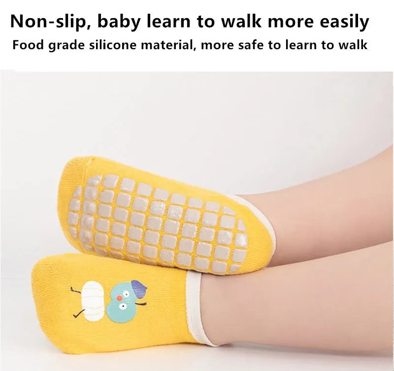 3Pairs Baby Non Slip Socks Cotton Casual Cartoon Print Boys Girls Toddler Floor Socks With Rubber Grips For 1-3Years