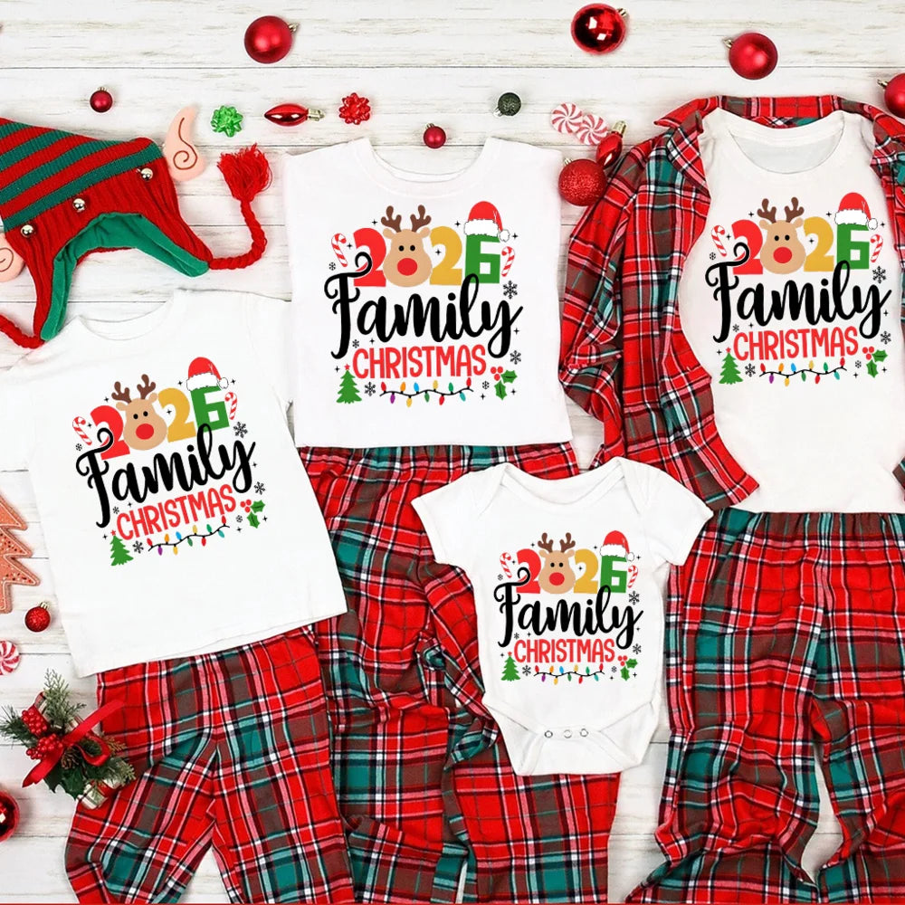 2026 Family Christmas Matching Clothes Xmas Party Gift  Set Father Mother Boys Girls Family T-shirt Outfits Baby Romper