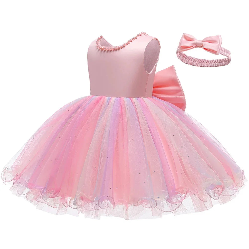 Infant Baby Tulle Backless Pageant Wedding Party Flower Girls Big Bow Dress With Headwear For Toddler Baptism Birthday Prom Gown