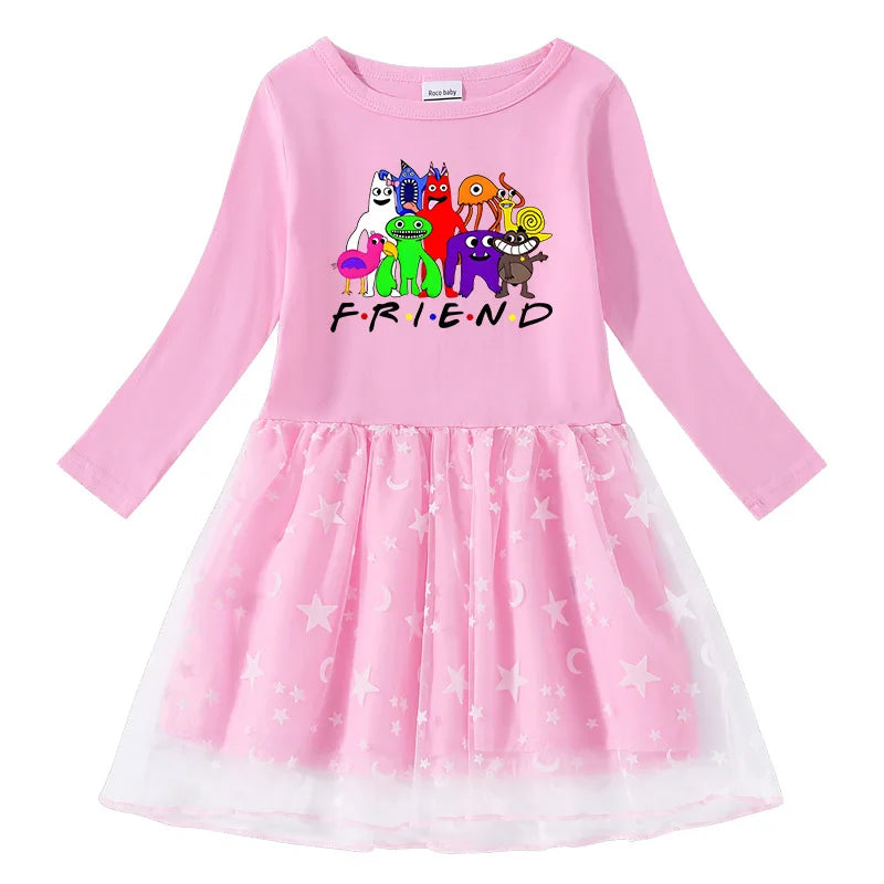 Kid Autumn Girl Long Sleeve Dress Cartoon Garden of Ban ban Gauze Fashion Children 2-7Year Girl Dress