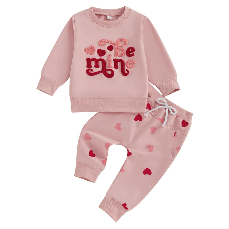 Toddler Girls 2-piece Set Adorable Long Sleeve Hoodie with Embroidered Letters and Heart Print Sweatpants Valentine s Day
