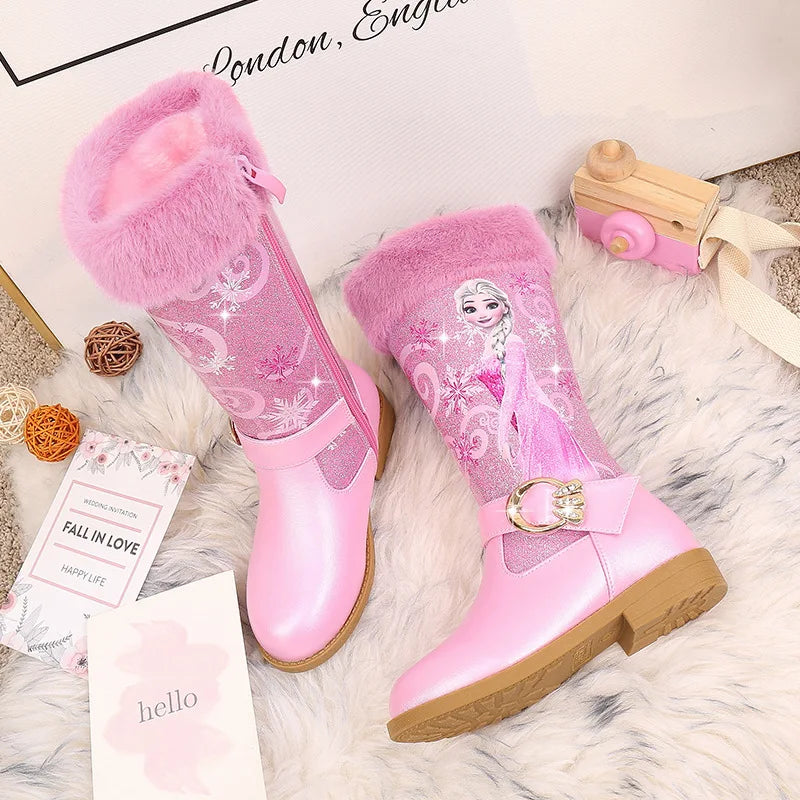 Disney Girls' Leather Boots Winter Cartoon Frozen Boots Zipper High Plush Princess Elsa Boots Warm Children's Boots Size 25-36