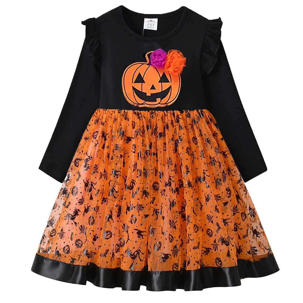 VIKITA Dress for Kids Girl Pumpkin Witches Bats Layered Mesh Tulle Princess Dress Children Cosplay Festival Halloween Costumes