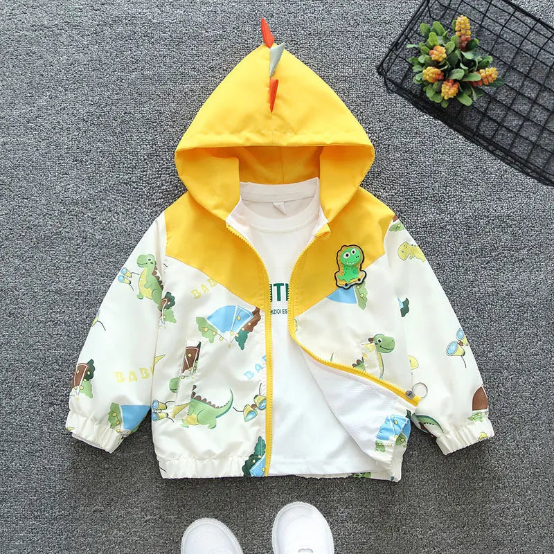 Spring Baby Boys Cartoon Dinosaur Hooded Jacket Toddler Kids Outerwear Casual Windbreaker Coats Children Clothing for 1-6Years
